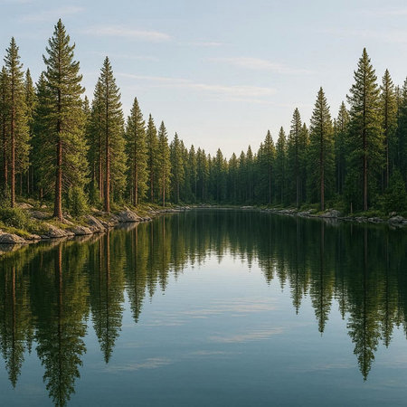 lake in the middle of a coniferous forest in the summer