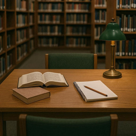 Books on the table in the library with bookshelf and lamp