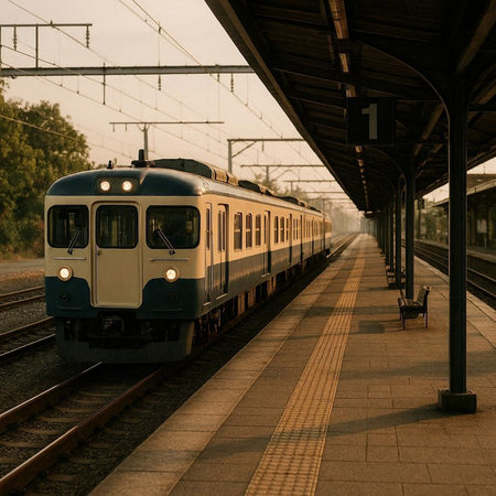 Train at the railway station in the evening. Railway station in the evening.