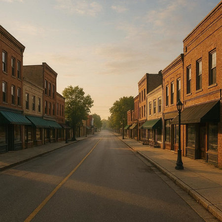 Sunset in a row of old brick houses in a small town