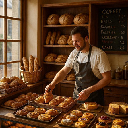 Handsome baker working in a bakery. Freshly baked bread.