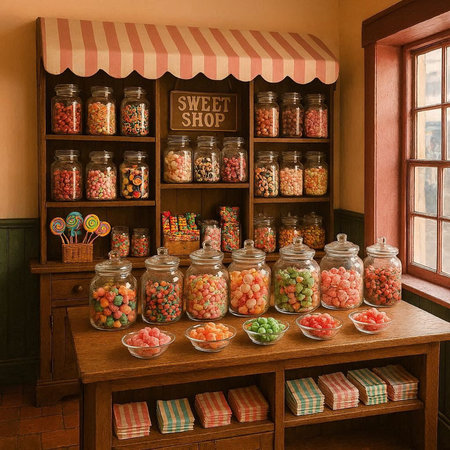 Jars of candies on a wooden shelf in a store.