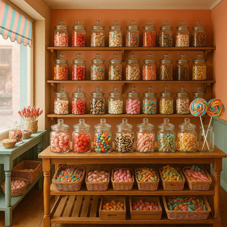 Colorful candies in glass jars on the shelves of a candy shop