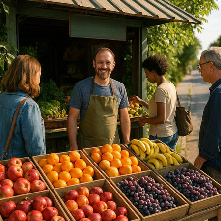 Smiling man selling fruits and vegetables at farmers market in summer day