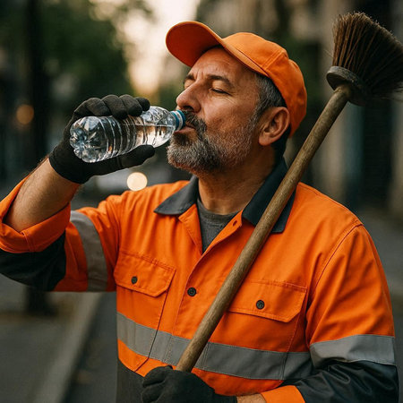 Portrait of a street cleaner drinking water from a plastic bottle.