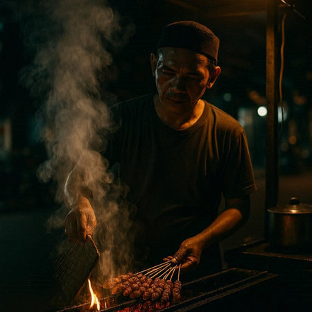 Asian man cooking shish kebab on the street at night