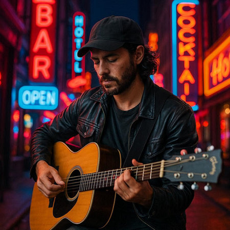 Handsome young man playing guitar in New York City at night.