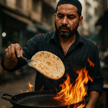Indian man cooking a traditional turkish pide in the street.