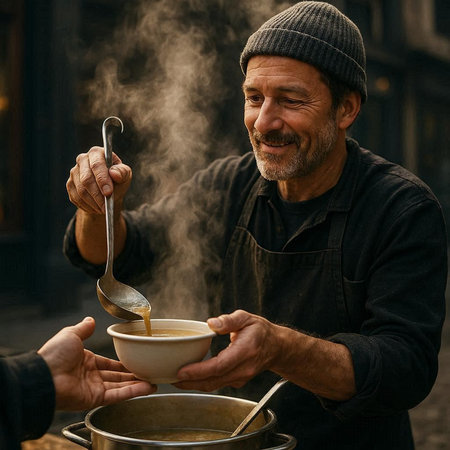 Portrait of an elderly man with a beard and mustache in a black T-shirt and a gray knitted hat is cooking soup in the street.