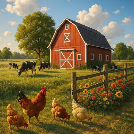 Red barn with rooster and chickens on a green meadow.
