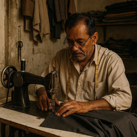 indian male fashion designer working on a sewing machine in his workshop