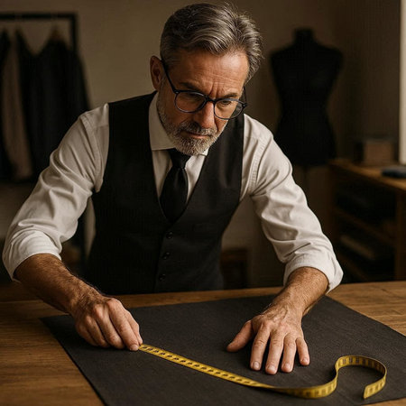 Handsome mature tailor working on a sewing machine in his workshop