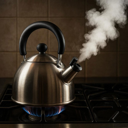 Kettle on the gas stove with smoke coming out of the kettle
