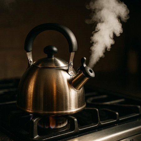 Teapot on the gas stove with smoke in the dark.