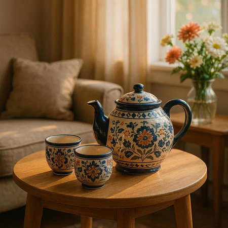 Ceramic teapot and cups on a wooden table in the room