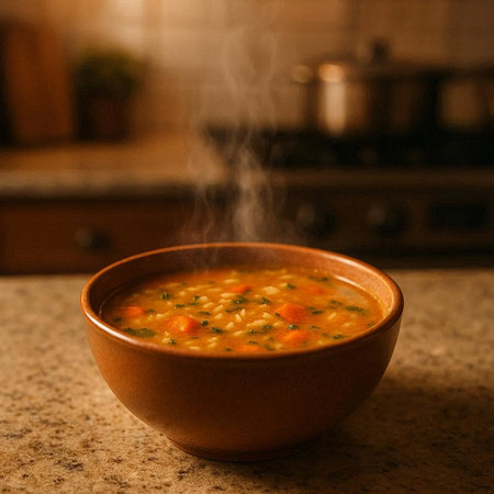 A bowl of soup on the table in the kitchen at home.