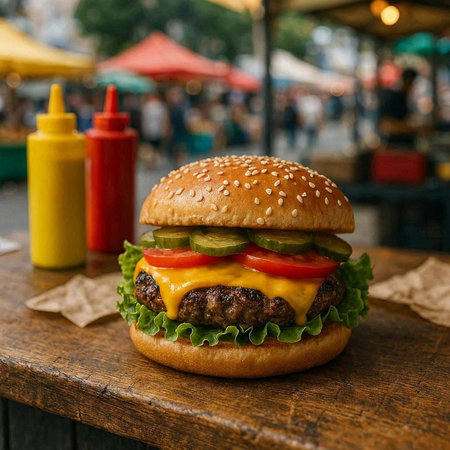 Delicious cheeseburger on a wooden board. Close-up