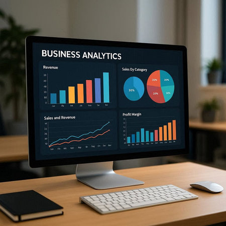 Business analytics and statistics on computer screen. Business analytics and statistics concept.