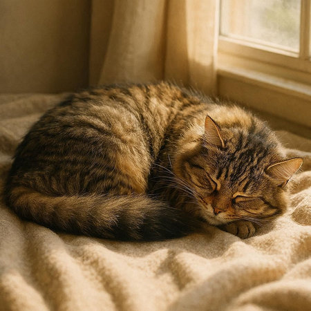 Cute tabby cat sleeping at home on the windowsill.