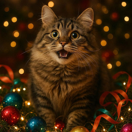 Cute tabby cat in front of a christmas background.