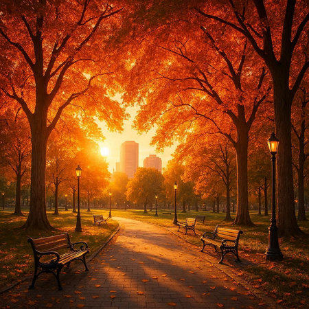 Beautiful autumn park at sunset, Central Park, New York City