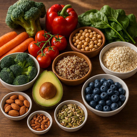 Healthy food clean eating selection: fruit, vegetables, superfoods on wooden background. Balanced diet.