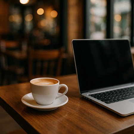 Coffee cup and laptop on wooden table in coffee shop.