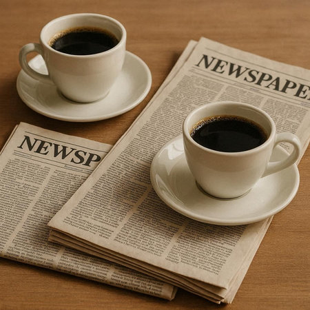 Coffee cup and newspaper on the wooden table, news concept