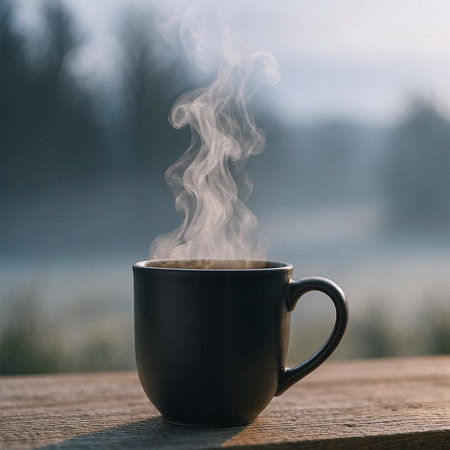 Cup of coffee on a wooden table in the morning fog.