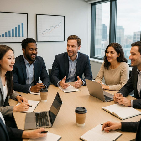 Smiling multiethnic businesspeople sitting at table and working together in office