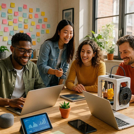 Group of multiethnic startup business people working on laptop in modern office