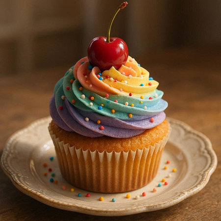 Colorful cupcake with cherry on top. Selective focus.