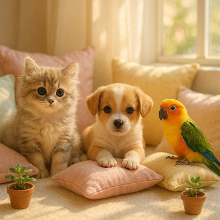 Cute cat, dog and parrot sitting on pillows.