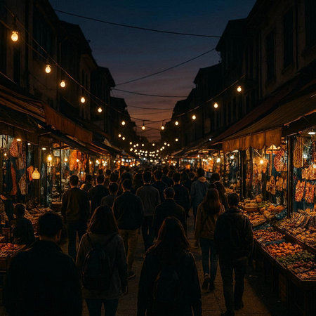 Night view of street market in Barcelona, Spain