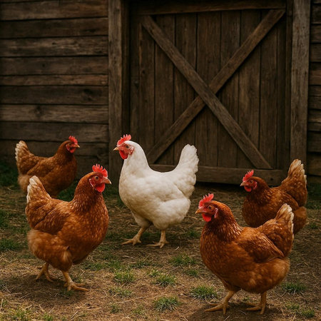 Group of chickens on a farm in the countryside. Rural scene.