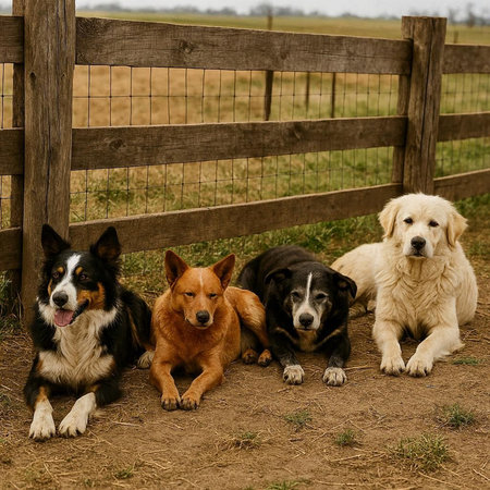 A group of dogs sitting in front of a fence in the countryside