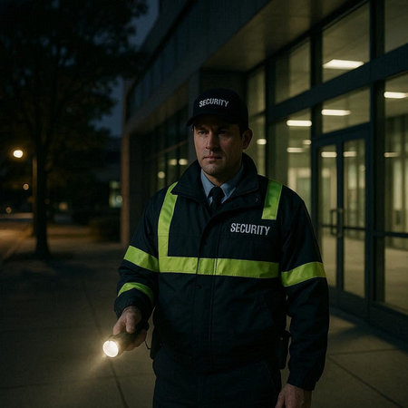 Male security guard in uniform holding flashlight in hand and looking at camera.