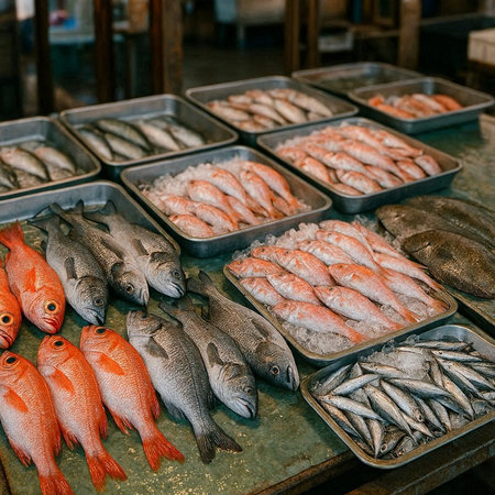 Fresh fish on display at a fish market in Bangkok, Thailand.
