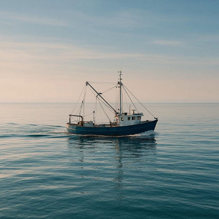 Fishing boat in the sea at sunset. View from above.