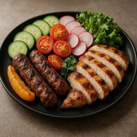 Grilled chicken fillet with vegetables on a plate, top view