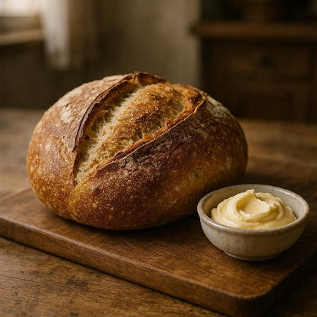 Freshly baked bread with butter on wooden board. Rustic style.