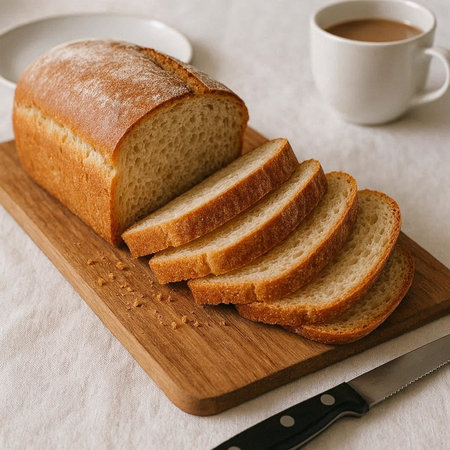 Slices of bread on a cutting board and a cup of coffee
