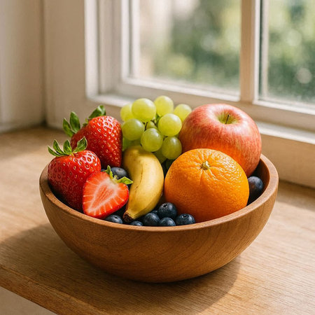 Wooden bowl with fresh fruits and berries on the windowsill.