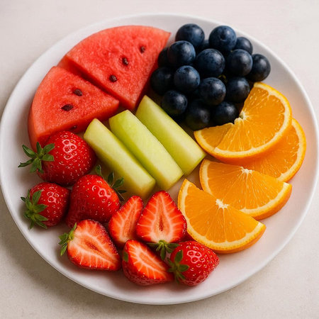 Fruit salad with watermelon, orange, blueberry, melon and strawberries
