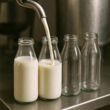 Milk in bottles on the counter of the restaurant. Toned.