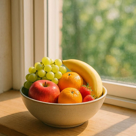 Fruit salad with strawberries, blueberries, oranges and kiwi