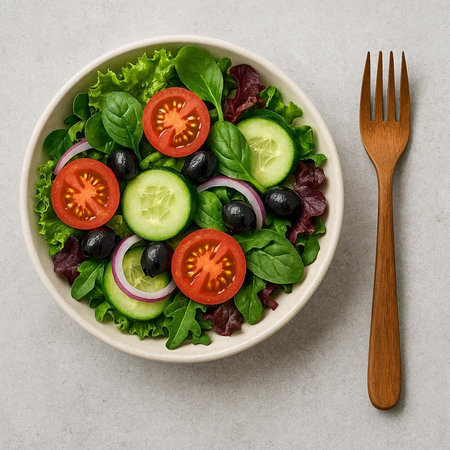 Salad with tomatoes, cucumbers, black olives and spinach in a bowl on a light background, top view