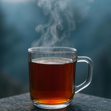 Hot tea in a glass cup on a wooden table with smoke.