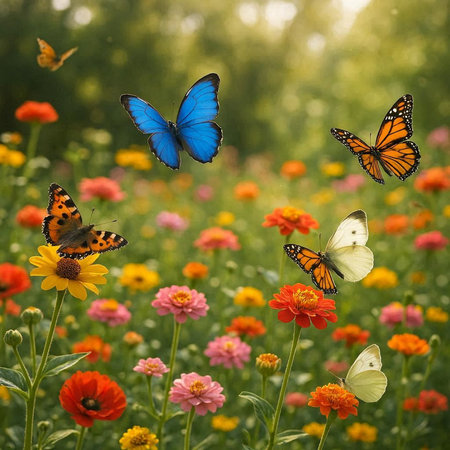 Butterflies on colorful flowers in the garden. Summer background.
