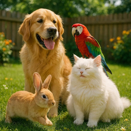 Cute Golden Retriever, red parrot, white cat and red macaw sitting together on green grass.